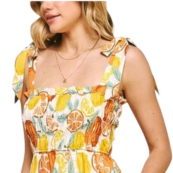 Nwot Pinch smocked mini tiered sun dress lemon & orange print lined size medium - Picture 2 of 14